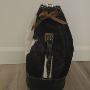 Real Cow Fur Accent Bucket Bag with Green And Brown Leather Trim - Black & White